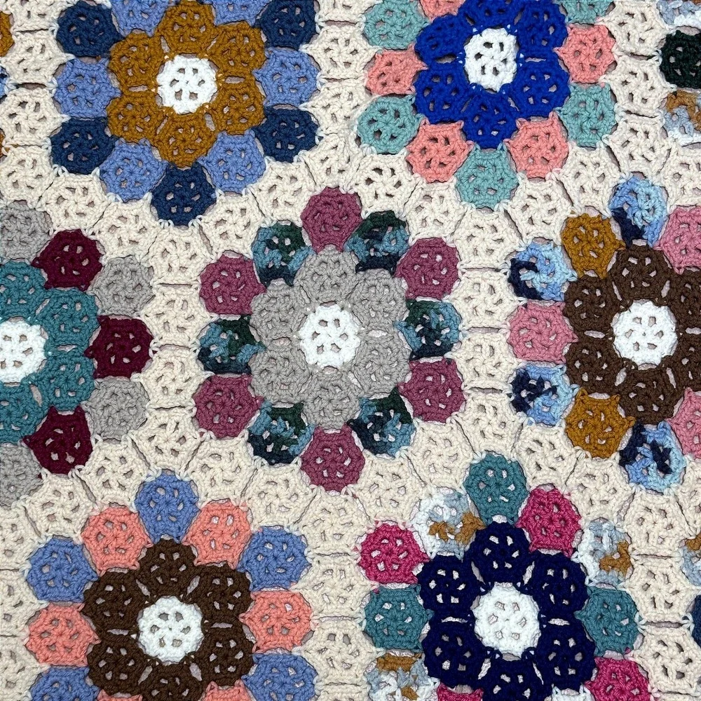 Vintage Handmade Crochet Granny Square Blanket Throw Floral Multicolor 75